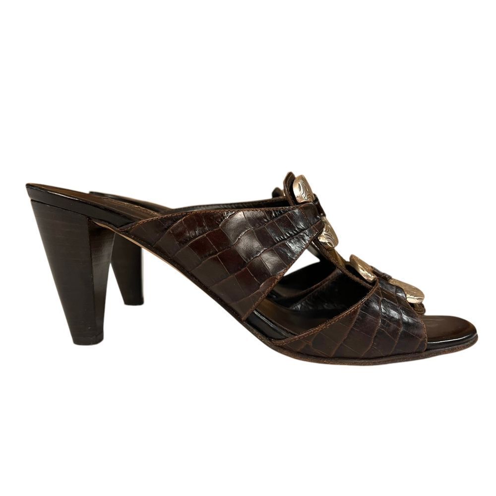 Brighton Dark Brown Croc-Embossed Leather Heeled Mules with Gold Accents